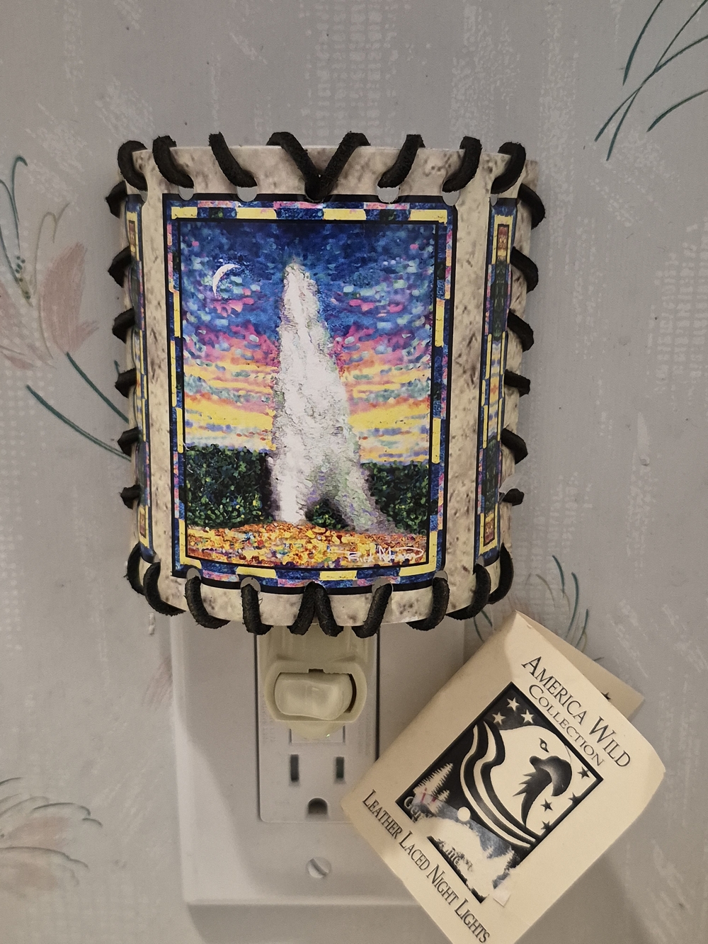 Leather-Laced Night Light Shade with Blue Scenic Print